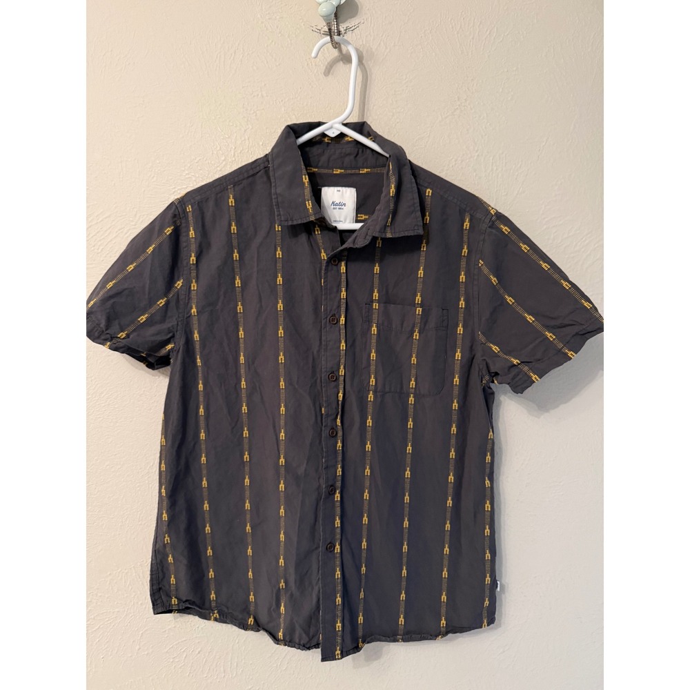 Katin Mens Gray Yellow Embroidered Stripe Short Sleeve Button Down Shirt Size MD